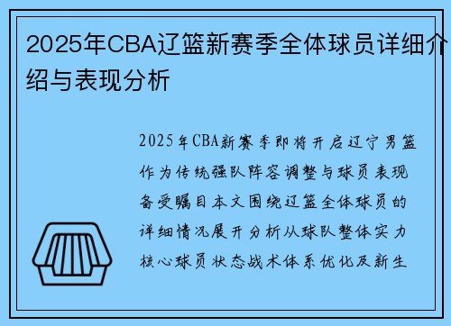 2025年CBA辽篮新赛季全体球员详细介绍与表现分析