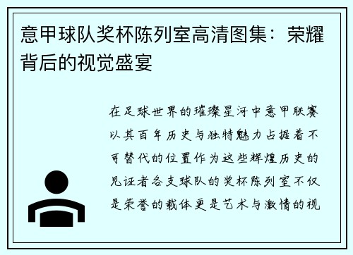 意甲球队奖杯陈列室高清图集：荣耀背后的视觉盛宴